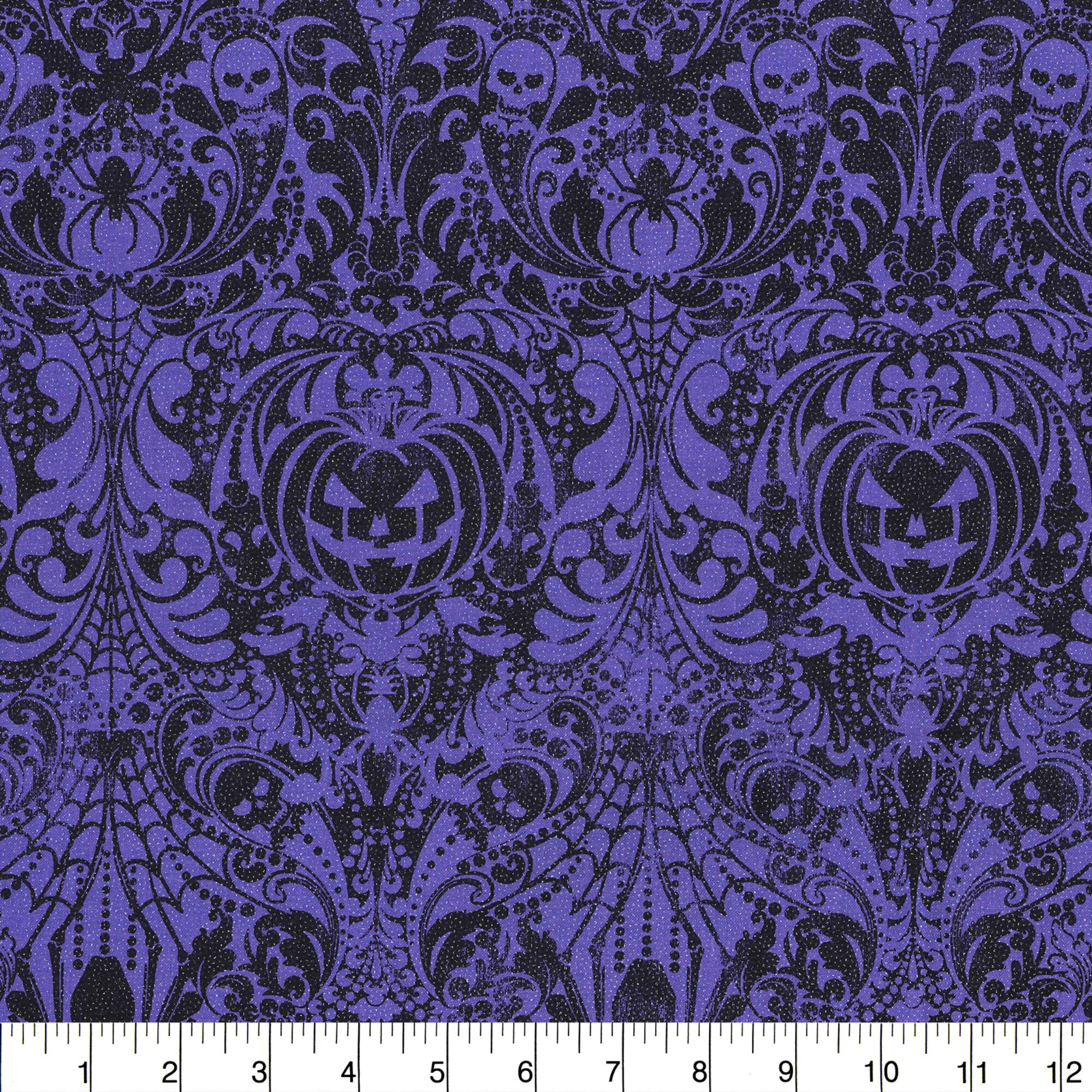 Fabric Traditions Halloween Purple Glitter Gothic Scroll Home Décor Fabric